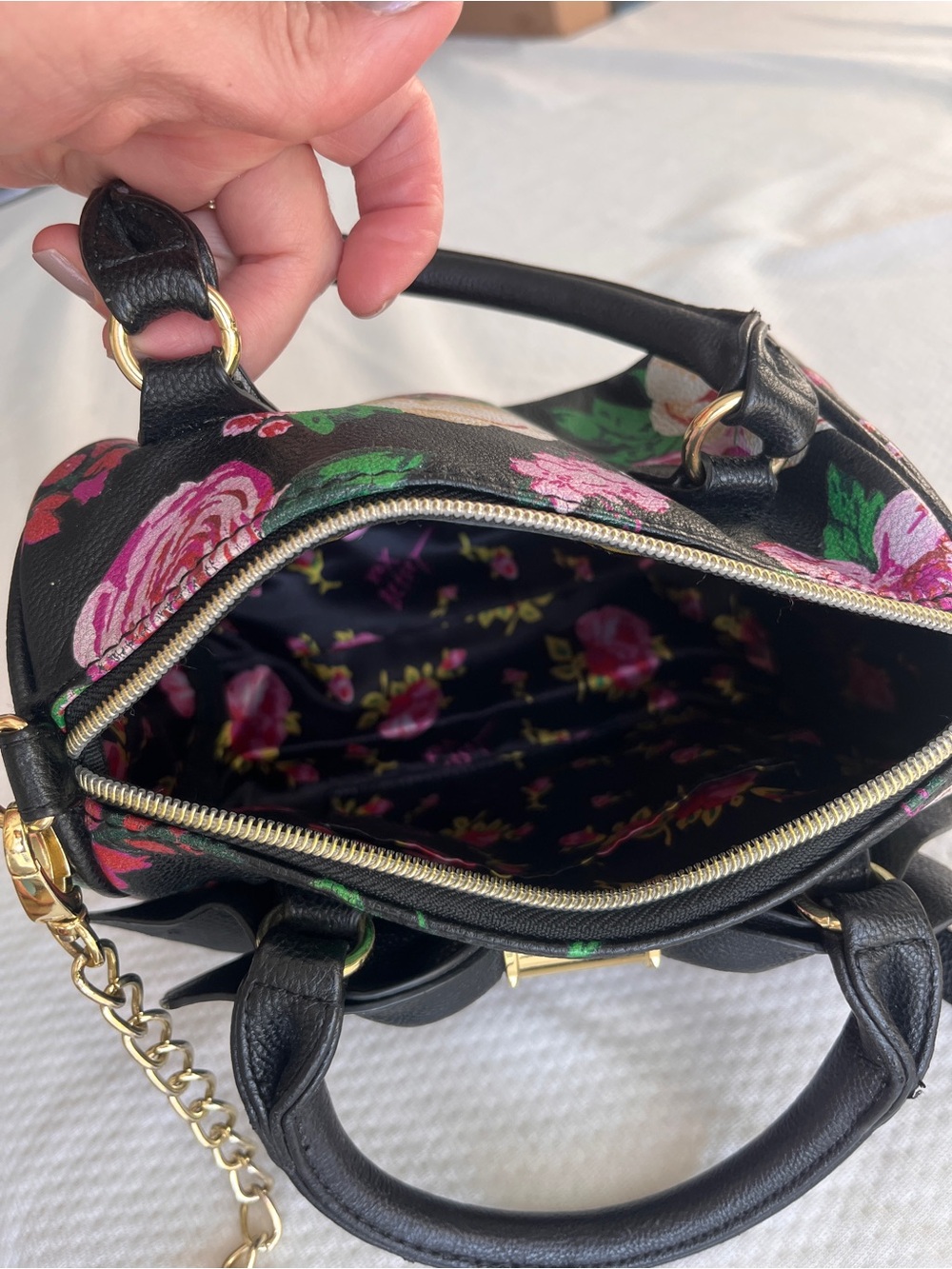 2 for $40- Betsey Johnson Black Floral Satchel with Gold Hardware and Large Bow - Picture 6 of 7
